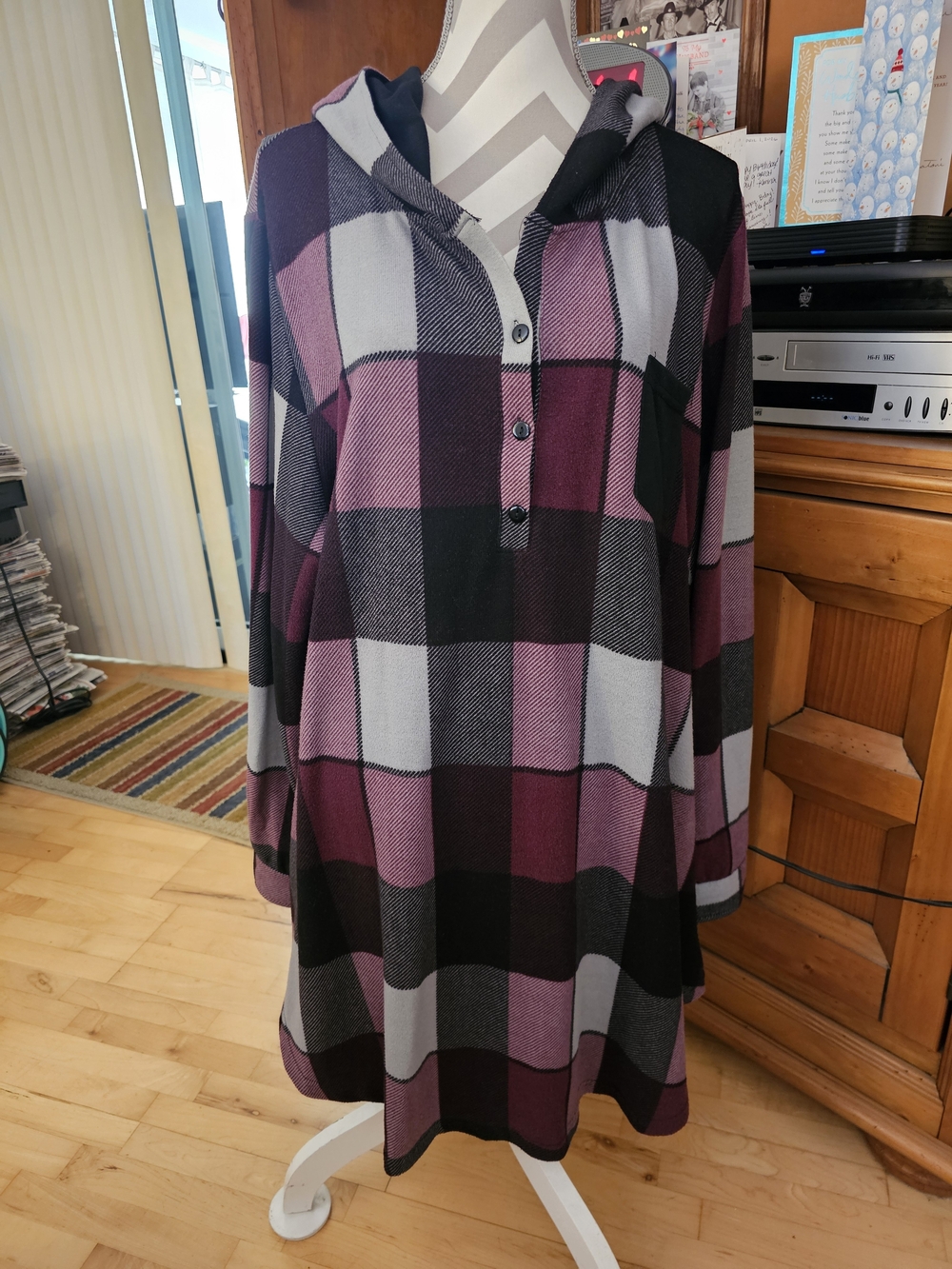 Reborn Plaid Hooded Tunic in Purples, Black and Gray